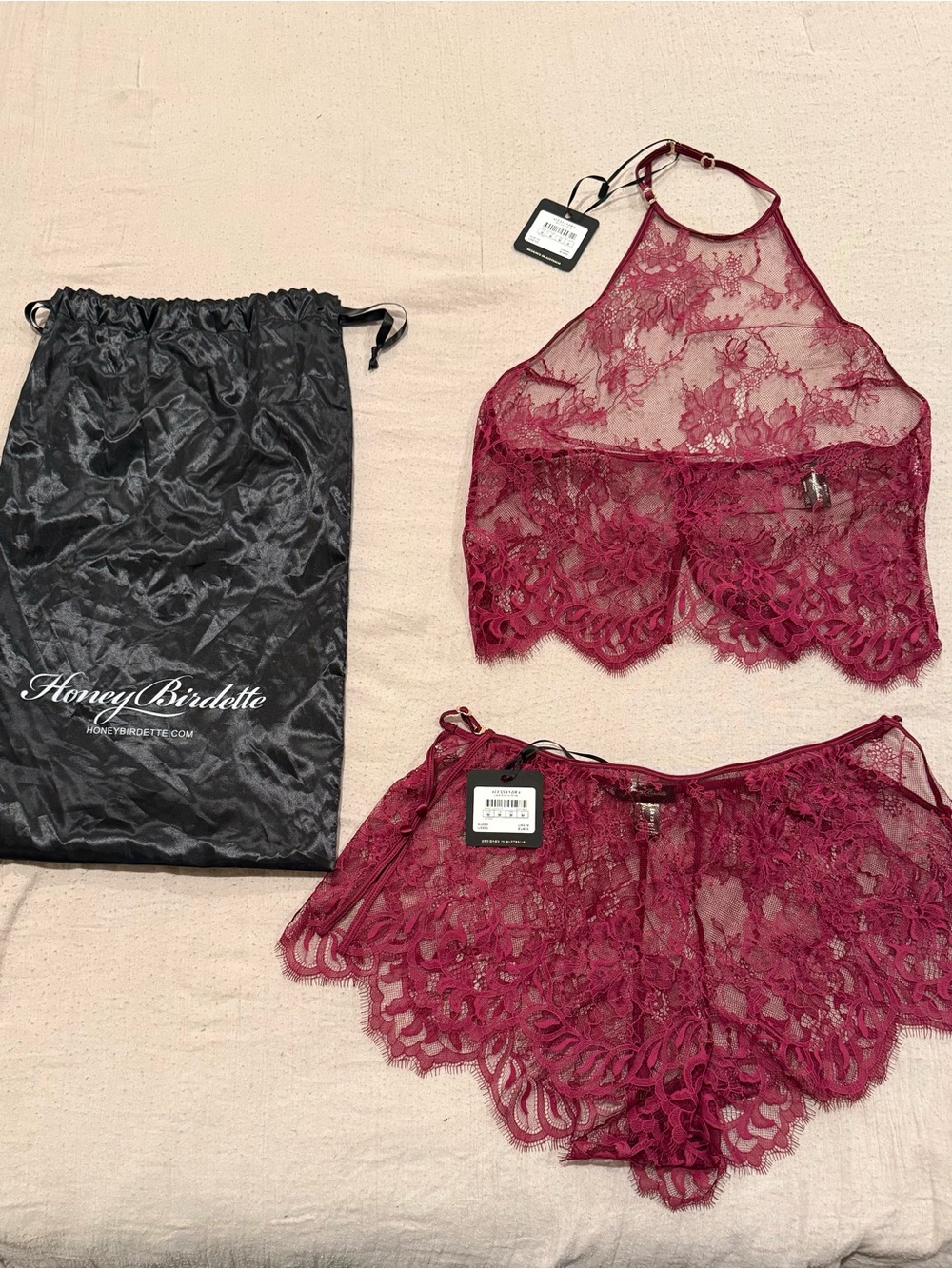 Honey Birdette Wine Alessandra Lace Halter Bralette & Short Set medium NWT